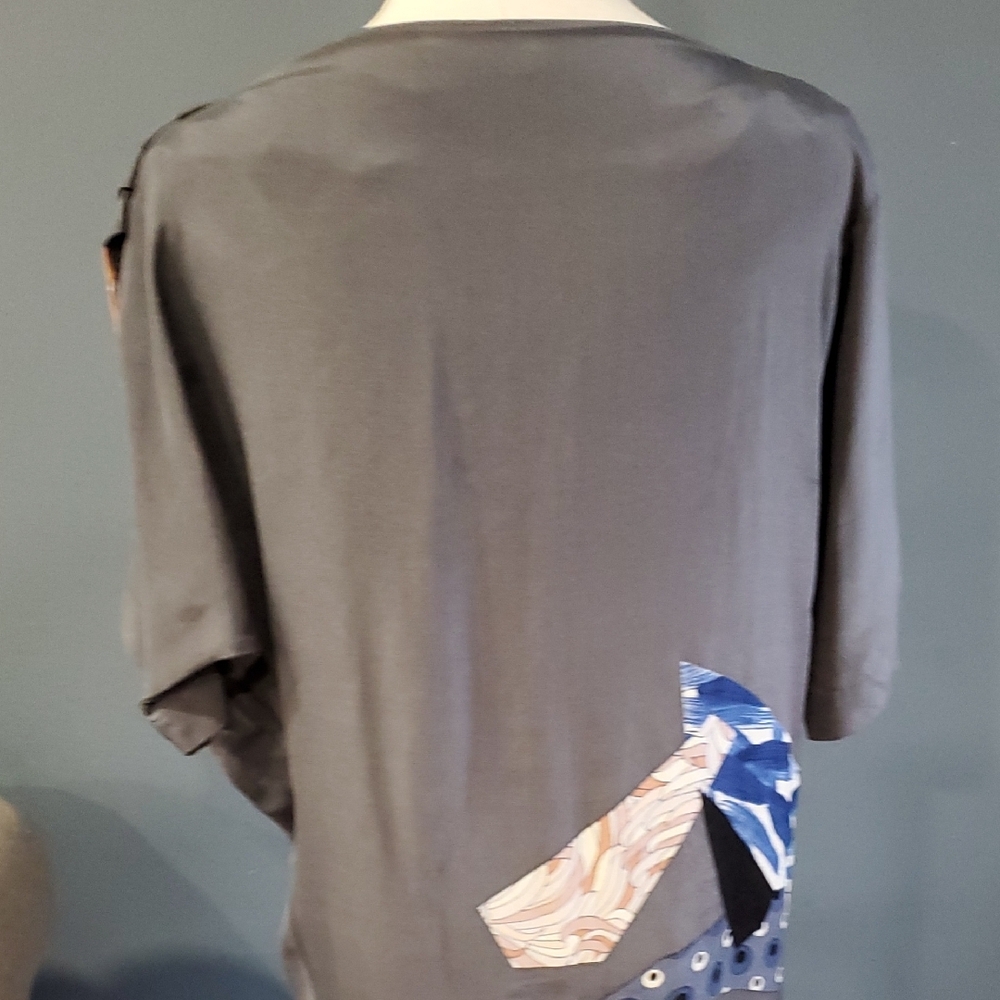 Rutzou Gray and Blue Silk  Sheath Artdeco  Dress with Dolman Sleeves - Picture 8 of 16
